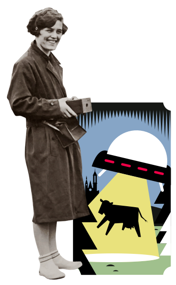 Vintage picture of a film cashier with an illustrated background of a UFO abducting a cow